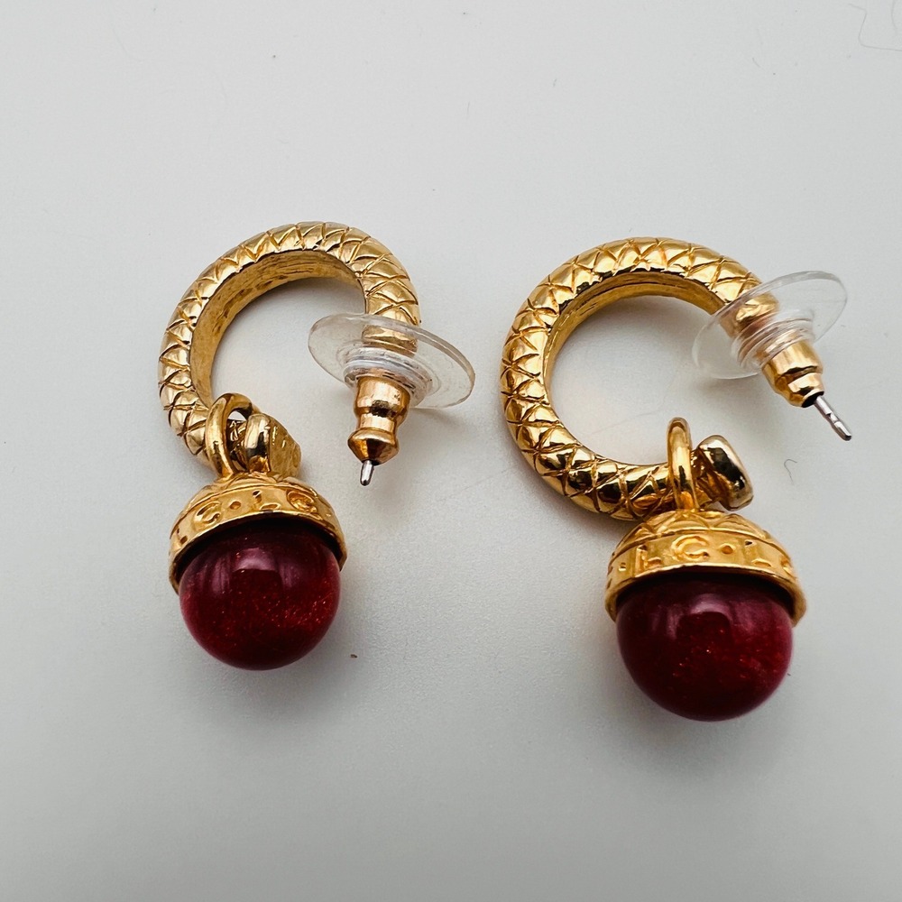 Textured Pierced Hoop Earrings Red Orb Drop Charms Gold Tone Boho Style
